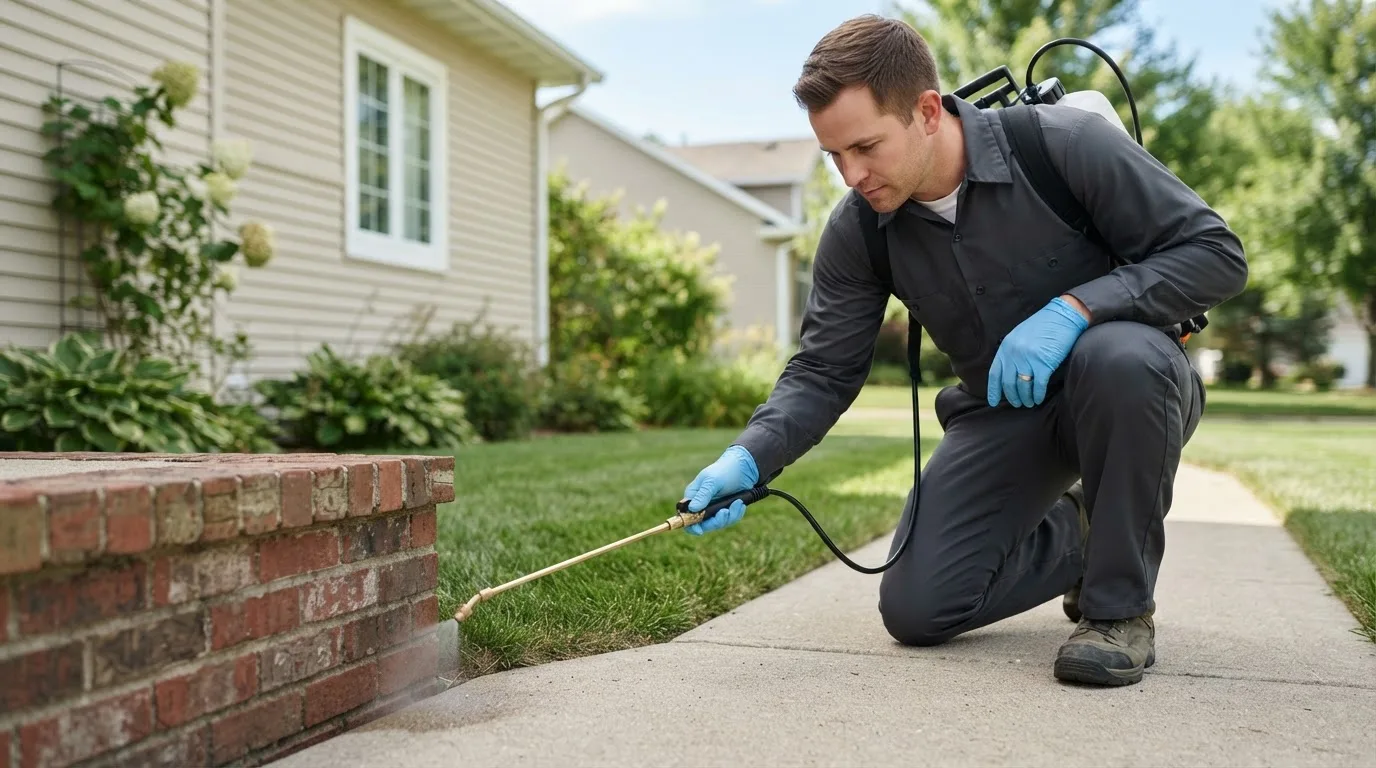 Pest control technician treating a home near Hines, OR